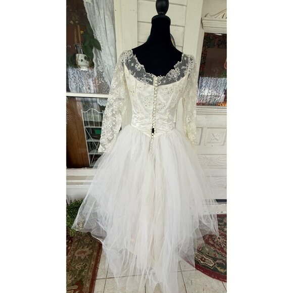 Vintage 50's Tulle Lace Tiered Cupcake Wedding Dress Beading Sequins Sz Small - Picture 3 of 16